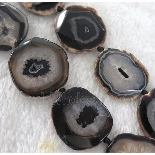 white druzy agate slab beads, freeform, black