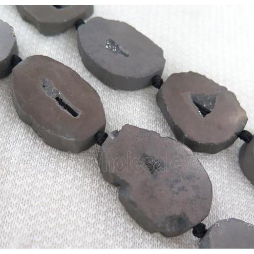 gray agate geode druzy bead, flat freeform
