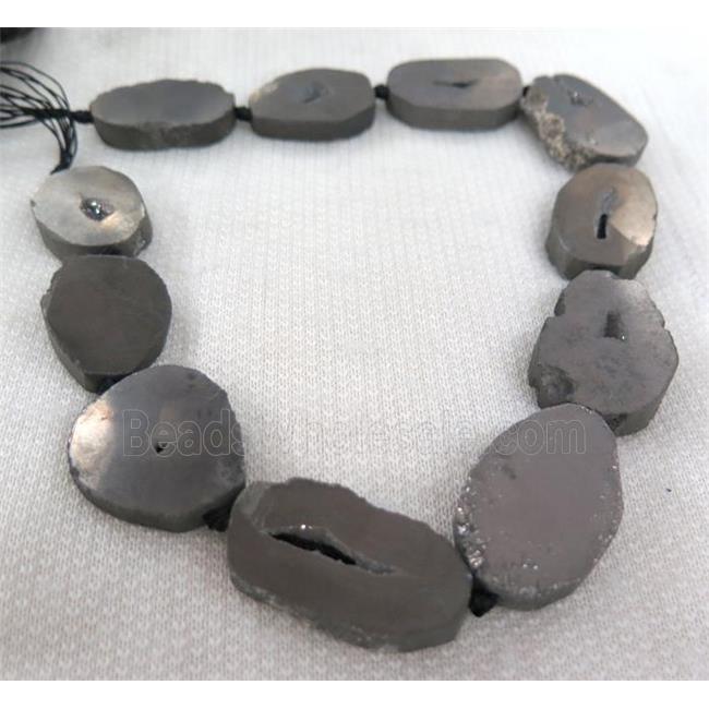 gray agate geode druzy bead, flat freeform