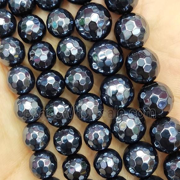 black agate beads, faceted round, light electroplated