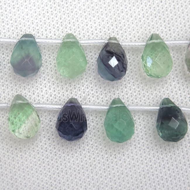 Fluorite beads, faceted teardrop, multi-color, top-drilled