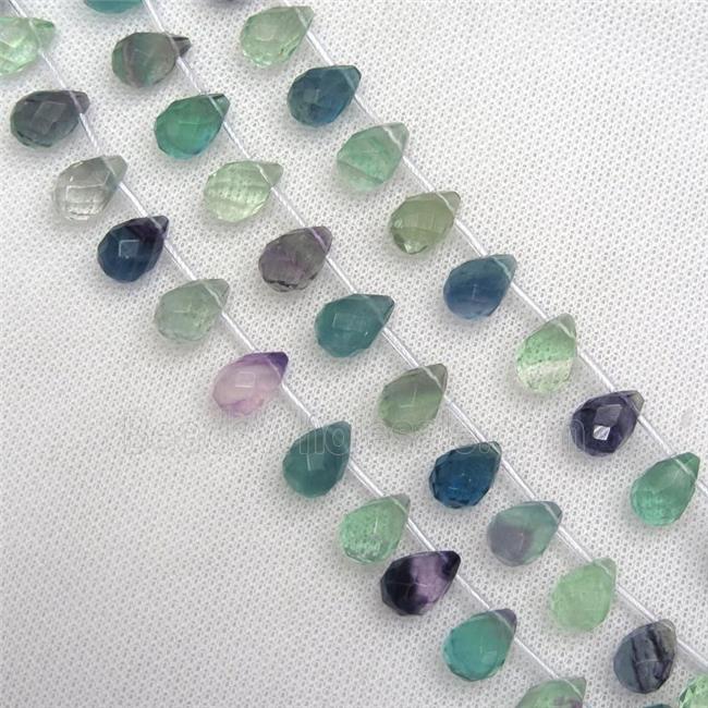 Fluorite beads, faceted teardrop, multi-color, top-drilled