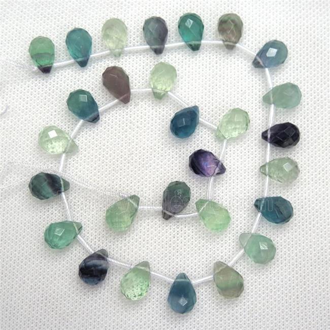 Fluorite beads, faceted teardrop, multi-color, top-drilled