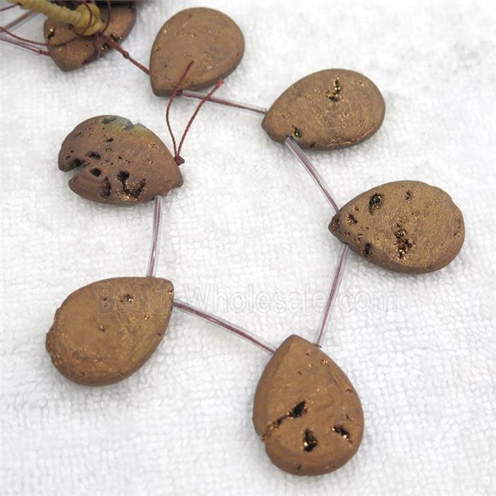 coffee Druzy Agate teardrop beads, topdrilled