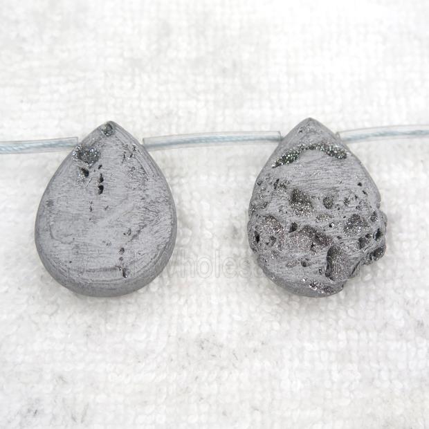 silver Druzy Agate teardrop beads, topdrilled