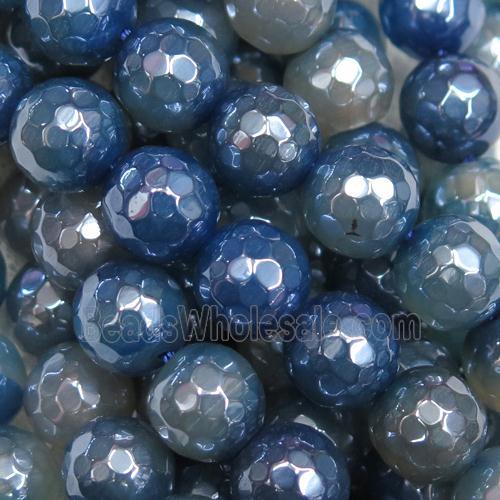faceted round blue Agate Beads, light electroplated