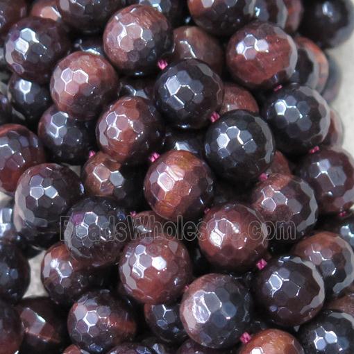 red Tiger eye stone beads, faceted round, light electroplated