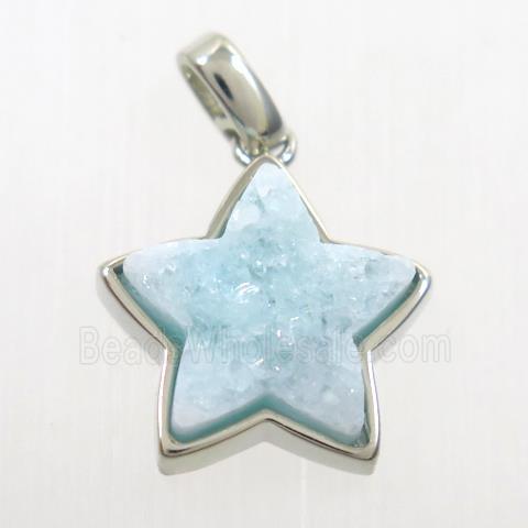 druzy quartz pendant, star, platinum plated