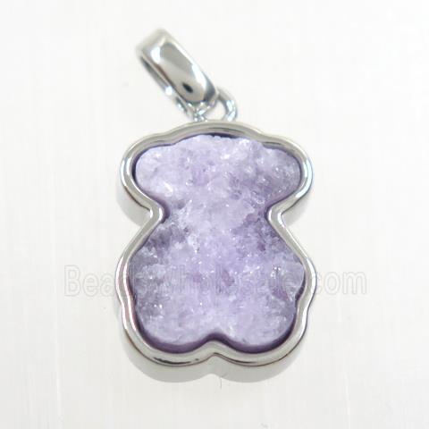 purple druzy quartz pendant, bear, platinum plated