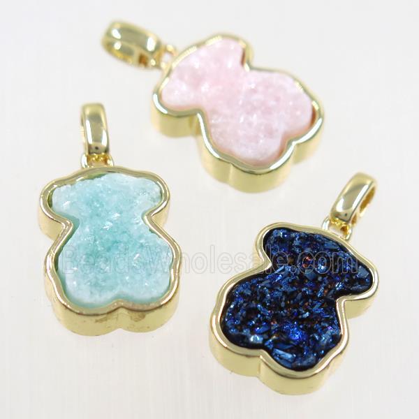 druzy quartz bear pendant, mix color, gold plated