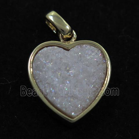 white AB-color druzy quartz heart pendant, gold plated