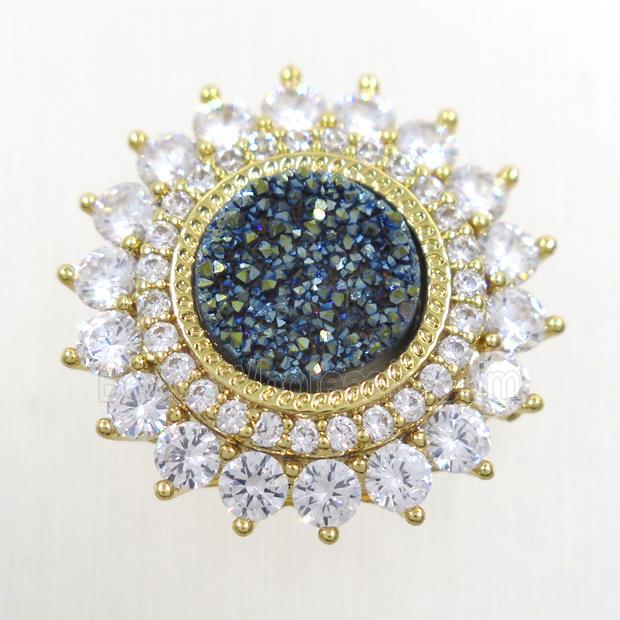 green Druzy Quartz SunFlower beads pave zircon, gold plated