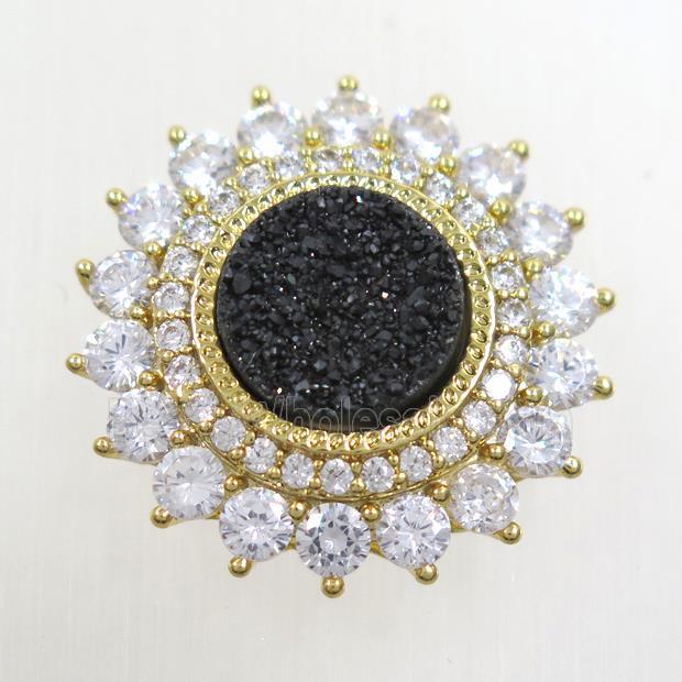 black Druzy Quartz SunFlower beads pave zircon, gold plated