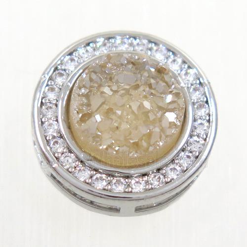 gold champagne Druzy Quartz beads pave zircon, flat-round, platinum plated