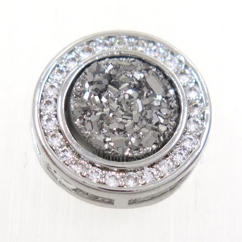 silver Druzy Quartz beads pave zircon, flat-round, platinum plated
