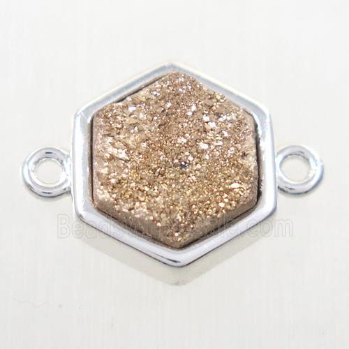 gold champagne Druzy quartz hexagon connector, platinum plated