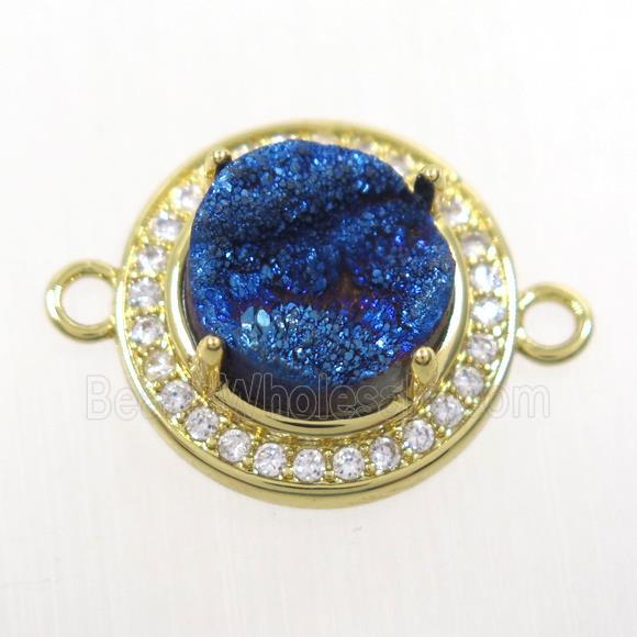 blue Druzy agate connector pave zircon, flat round, gold plated