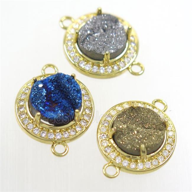 mix color Druzy agate connector pave zircon, flat round, gold plated