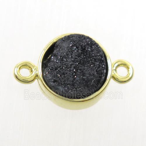 black Druzy agate connector, flat-round, gold plated