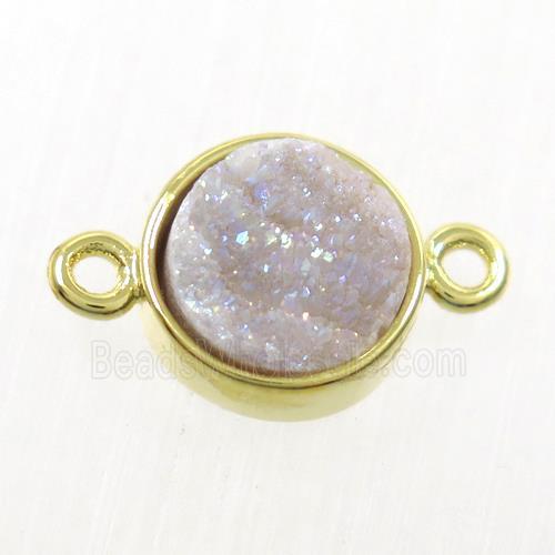 white AB-color Druzy agate connector, flat-round, gold plated