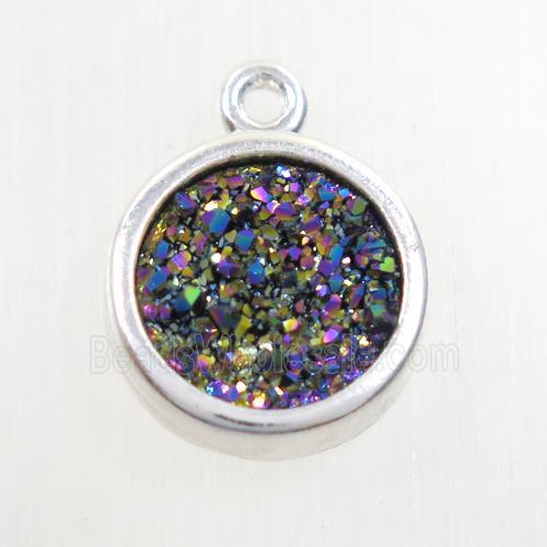 rainbow Druzy agate pendant, circle, platinum plated