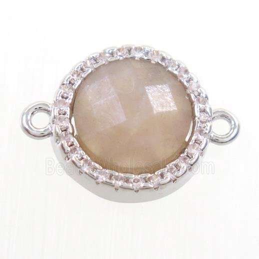 peach Moonstone connector paved zircon, circle, platinum plated