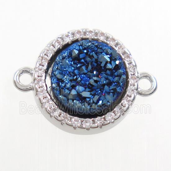 blue Druzy Quartz connector paved zircon, circle, platinum plated