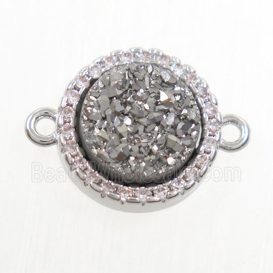 silver Druzy Quartz connector paved zircon, circle, platinum plated