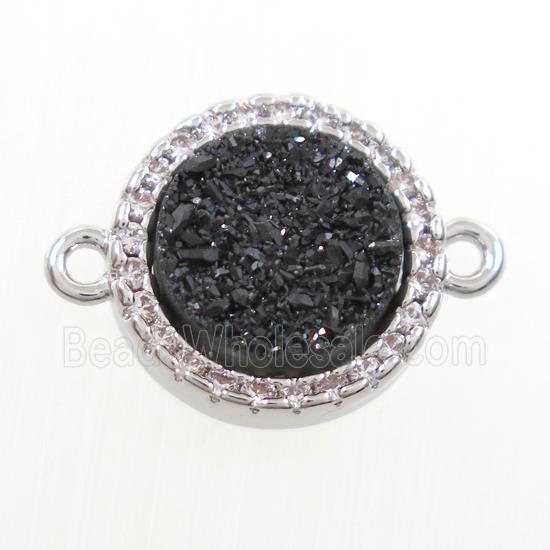 black Druzy Quartz connector paved zircon, circle, platinum plated