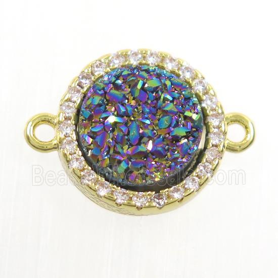 rainbow Druzy Quartz connector paved zircon, circle, gold plated