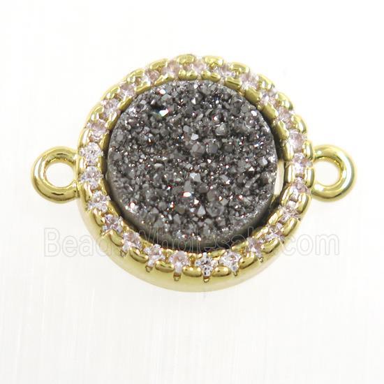 silver Druzy Quartz connector paved zircon, circle, gold plated