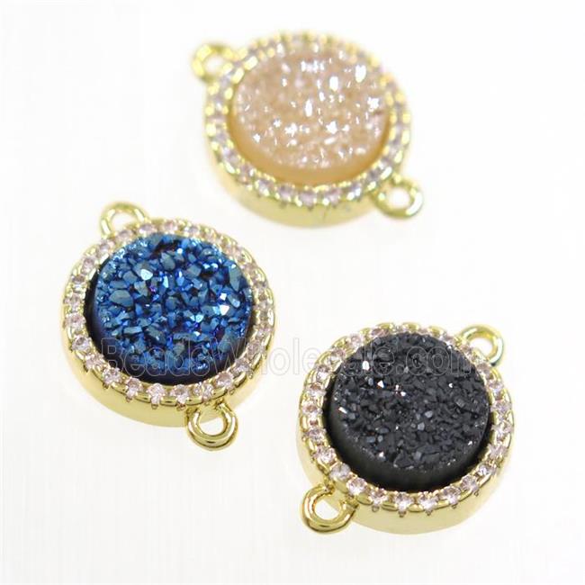 mixed color Druzy Quartz connector paved zircon, circle, gold plated