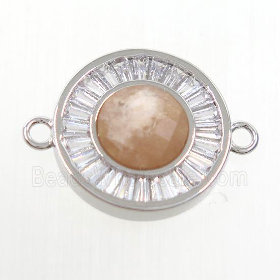 MoonStone circle connector pave zircon, brass, platinum plated