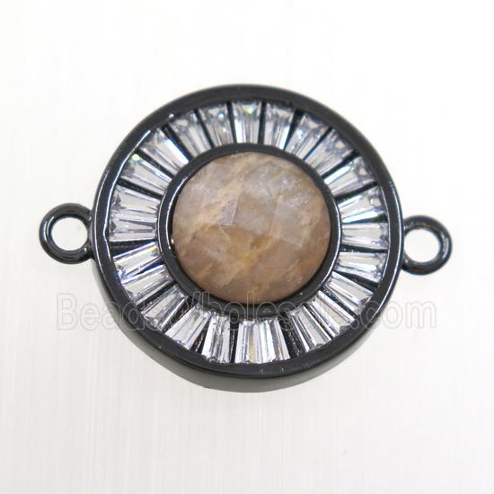 peach MoonStone circle connector pave zircon, brass, black plated