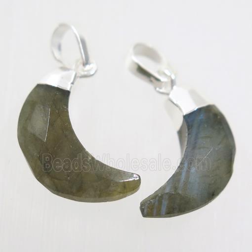 Labradorite crescent pendant, faceted moon, silver plated