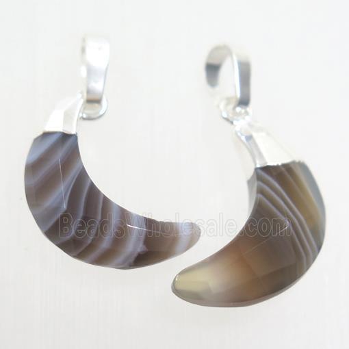 Botswana Agate crescent pendant, faceted moon, silver plated
