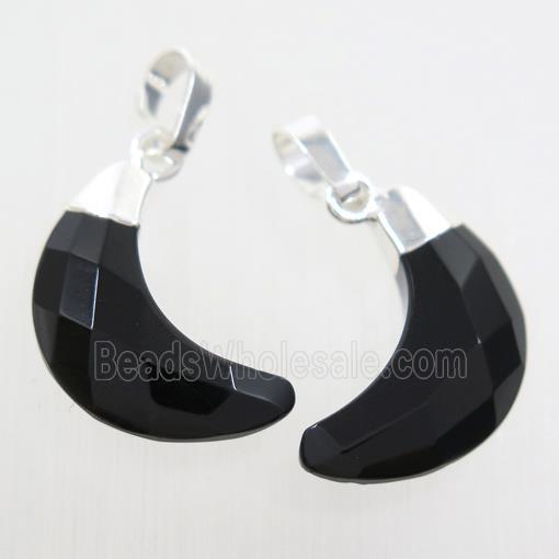 black Onyx Agate crescent pendant, faceted moon, silver plated
