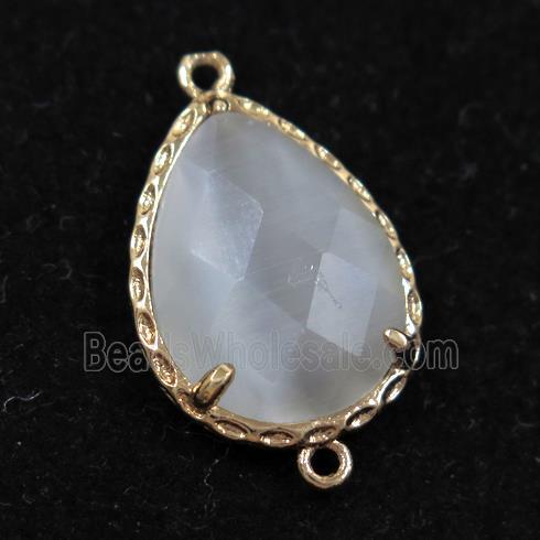 white glass connector, faceted teardrop, gold plated
