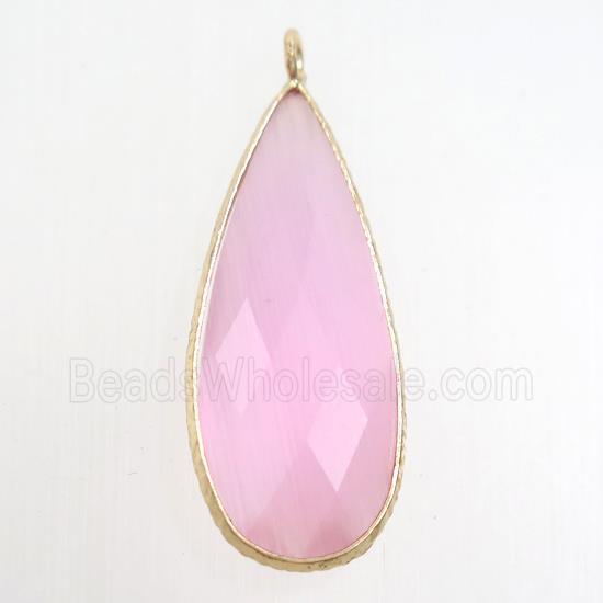 pink crystal glass pendant, teardrop, gold plated