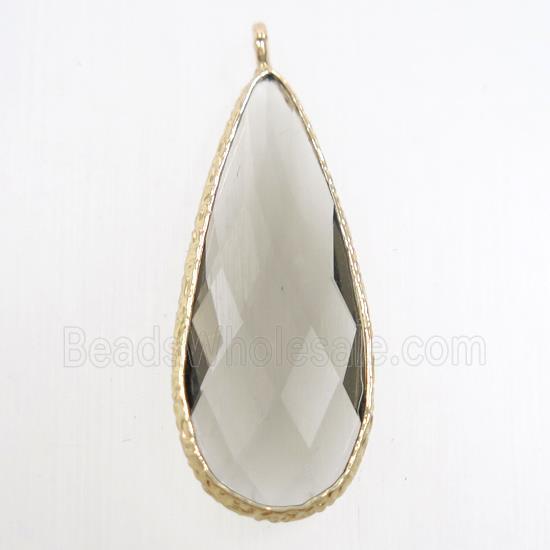 smoky crystal glass pendant, teardrop, gold plated