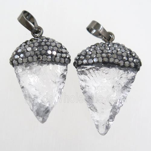 hammered Clear Quartz arrowhead pendant paved rhinestone