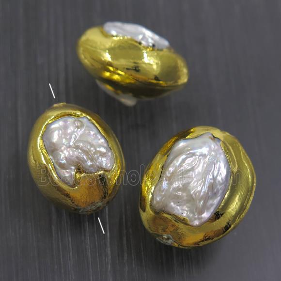 white baroque style Pearl beads, freeform, gold plated