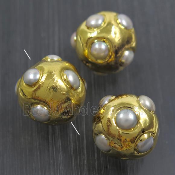 white freshwater Pearl beads, round, gold plated