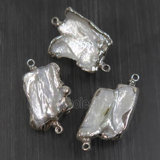 white freshwater Pearl connector, freeform, platinum plated