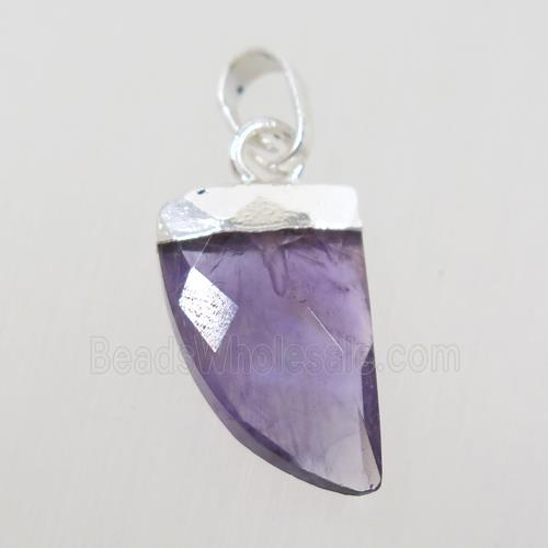 purple Amethyst horn pendant, silver plated