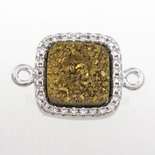 golden druzy quartz square connector pave zircon, platinum plated