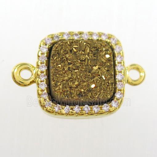 golden druzy quartz square connector pave zircon, gold plated