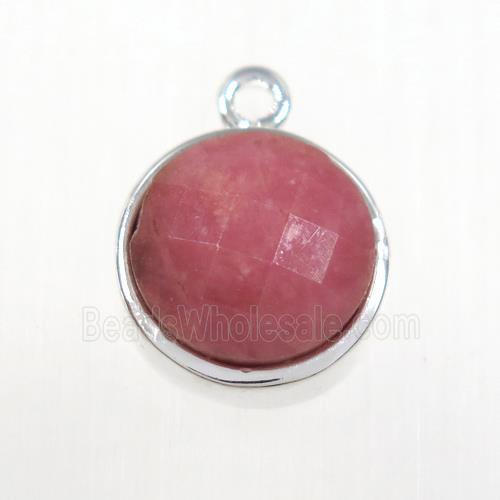 pink Rhodonite circle pendant, platinum plated
