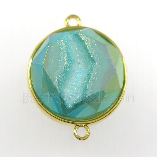peacock green druzy agate connector, circle, gold plated