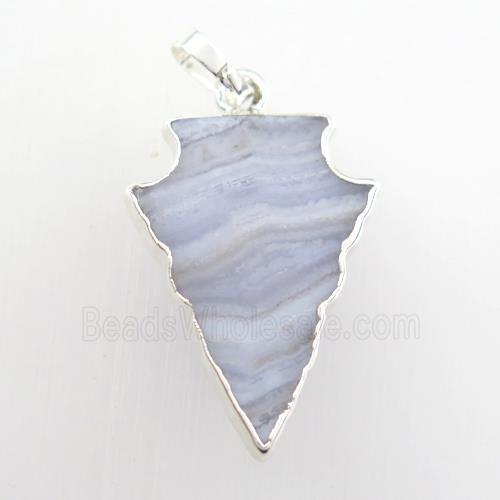 Blue Lace Agate pendant, arrowhead, silver plated